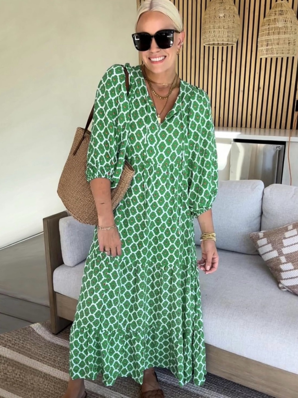 Miduo Green Printed V-Neck Tiered Maxi Dress Sz XL